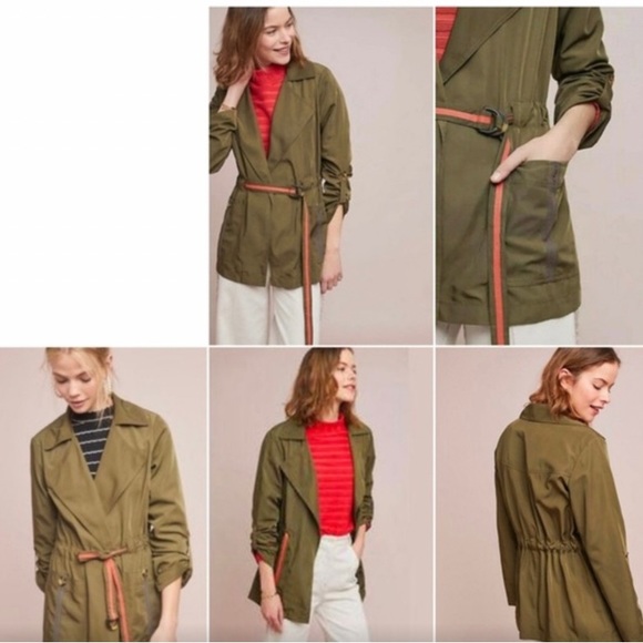 NWOT anthropologie, army, green jacket with orange trim, and a tie belt - Picture 2 of 5